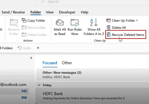 choose the option recover deleted items