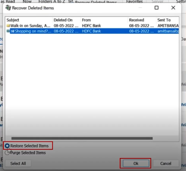 select the Restore Selected Items