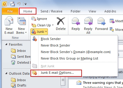 select the Junk email folder option