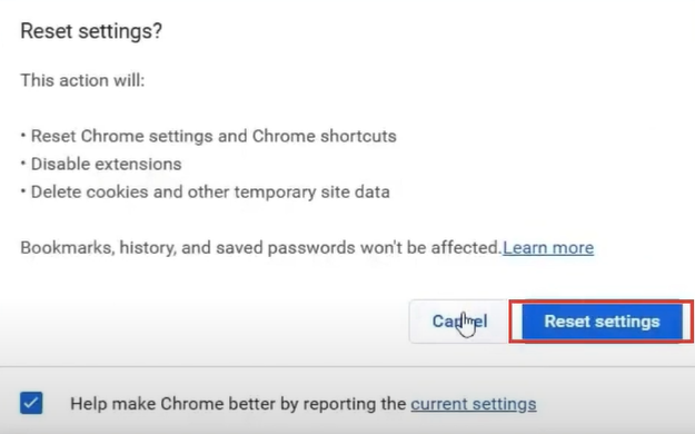 click on reset settings