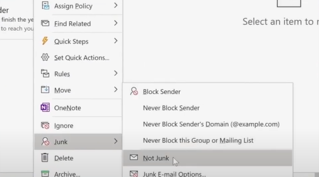 select the option Not Junk