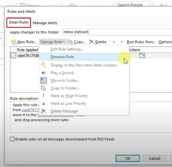 check and see the email rules tab