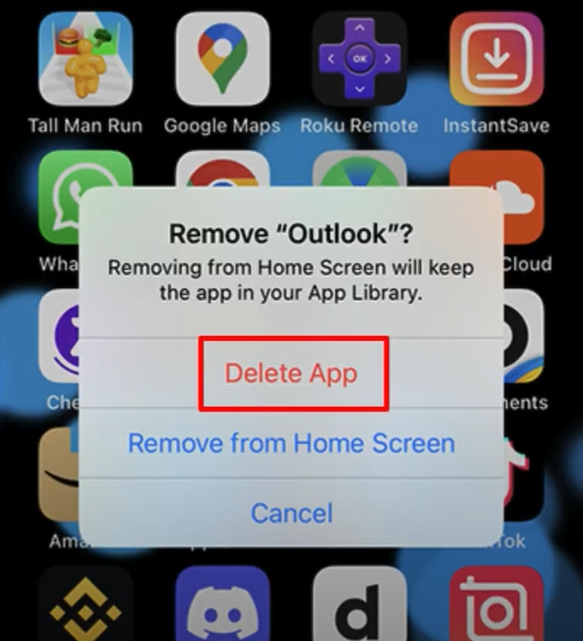 Click on delete app