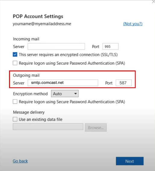 Select the outgoing server name