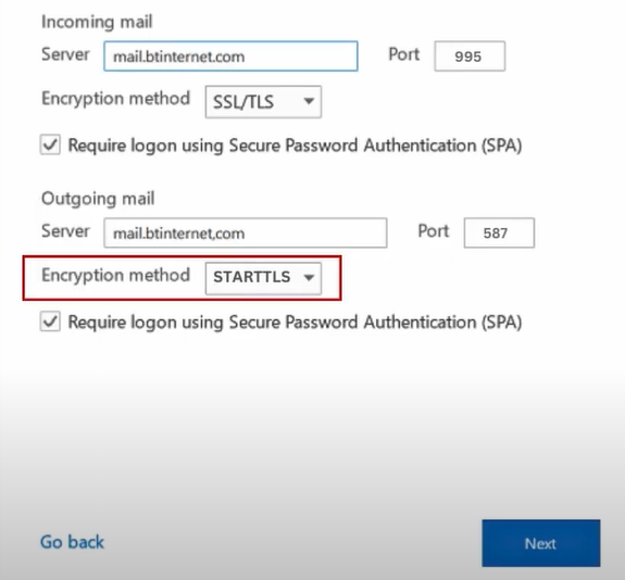 Select the STARTLS option