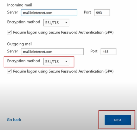 Set Encryption method to SSL/TLS