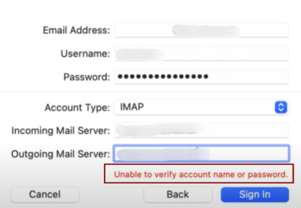 Unable to verify Account Name and Password