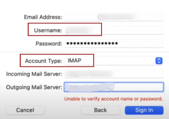 Set the Account type to IMAP