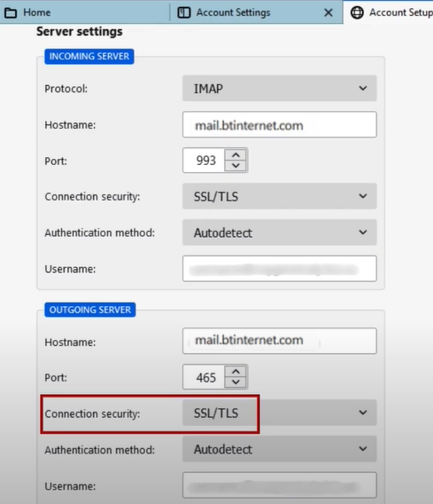 Select Connection Security to SSL/TLS