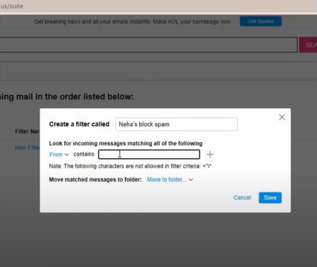 select From in the drop-down and enter the sender’s email address