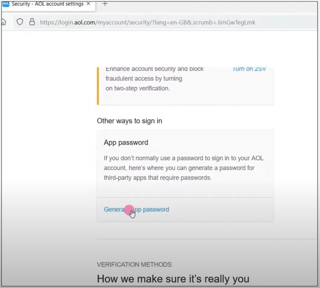Other ways to sign in’ section and select the ‘Generate App Password’ option