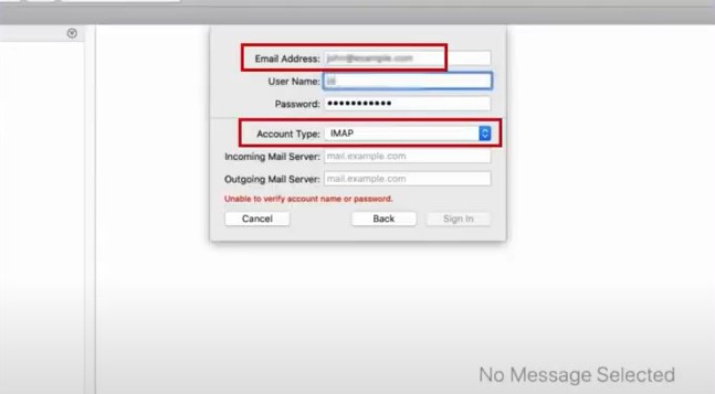 Enter a username and set the Account Type to IMAP
