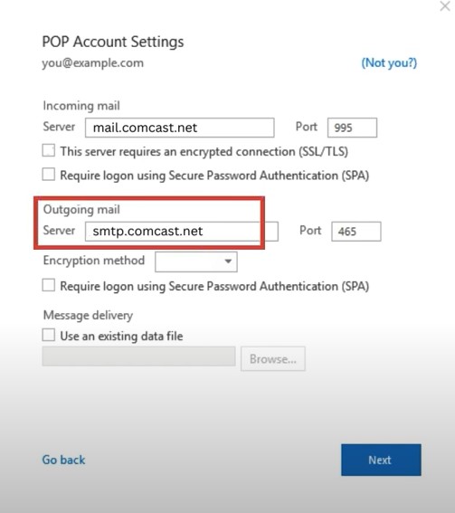 Outgoing Mail Server says smtp.comcast.net