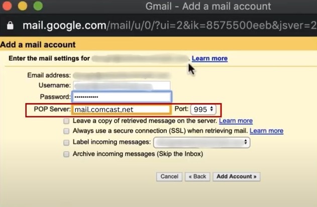 POP server field, type in mail.comcast.net