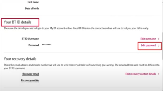 BT ID Details section and click the option Edit Password
