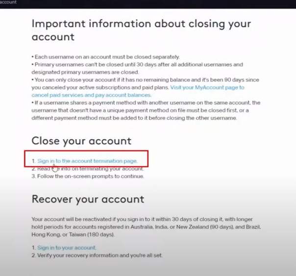 Close your Account section