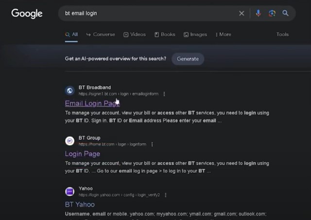 Navigate to the BT Mail login page 