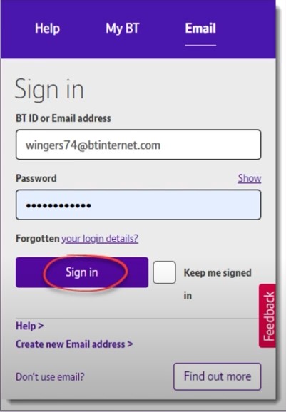 Log in to your BT mail account