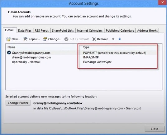 Email Accounts in the pop-up window