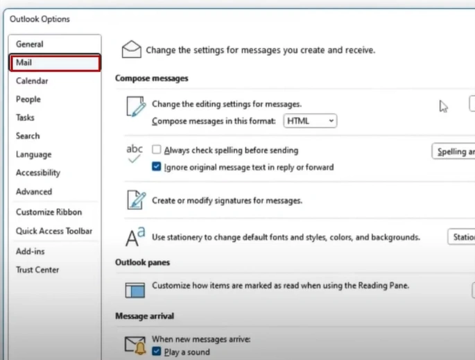 Outlook Options dialog box