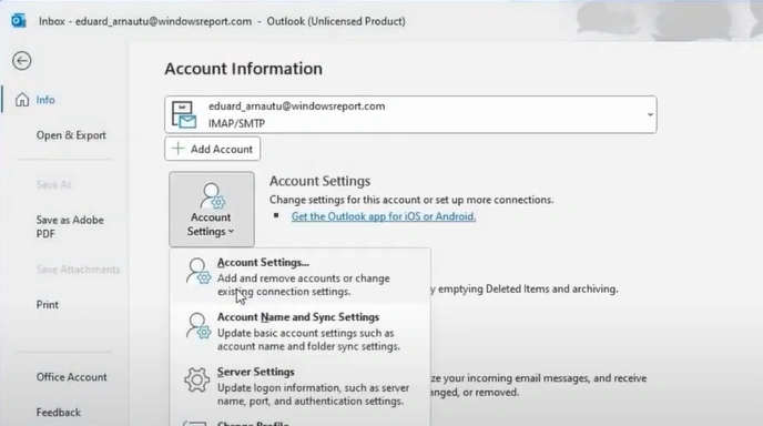 Account Settings dropdown