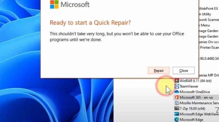 Click on the Repair button