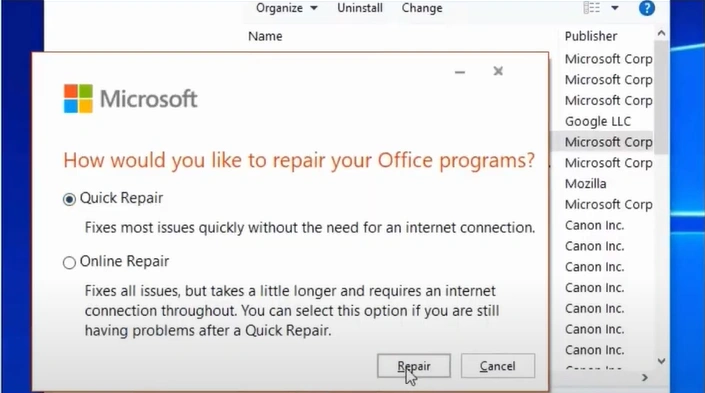 Select the Quick Repair option