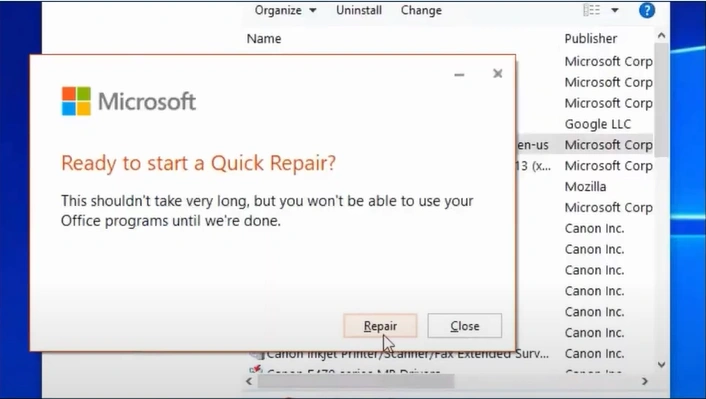 Click Repair again