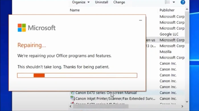 Wait for the Office programs and features