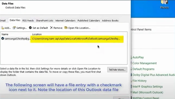 Save the location of the Outlook data file