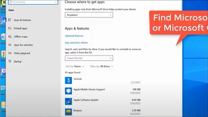 Scroll through the list of installed apps