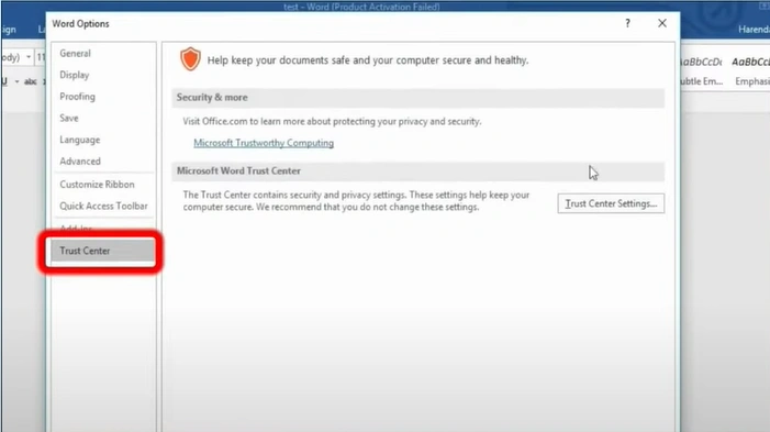Click on Trust Center Settings