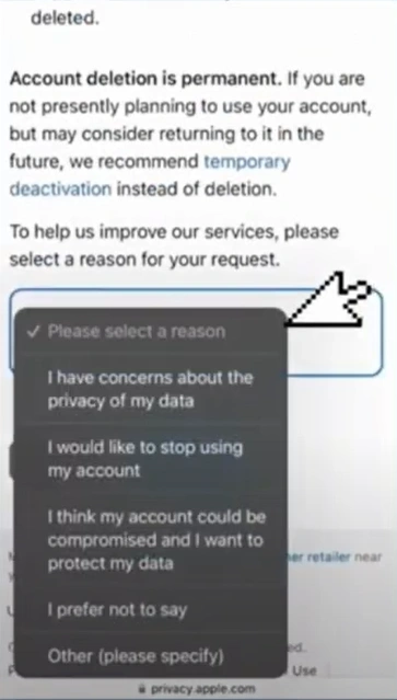 select a reason for deleting your account