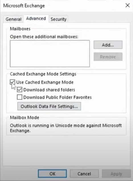 select Use Cached Exchange Mode